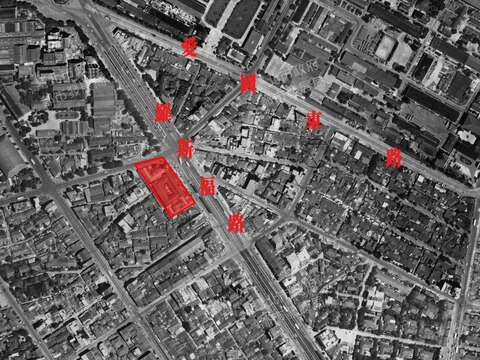 1968年航測影像圖顯示，南門市場前的羅斯福路已鋪設瀝青混凝土路面(照片來源臺北市政府都市發展局歷史圖資展示系統)