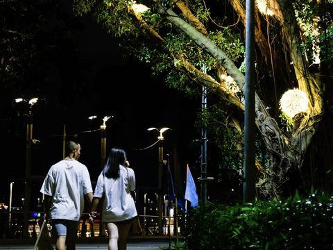 球燈從樹叢間透出微光營造河岸步道魔幻氛圍。(圖片來源：臺北市政府觀光傳播局)