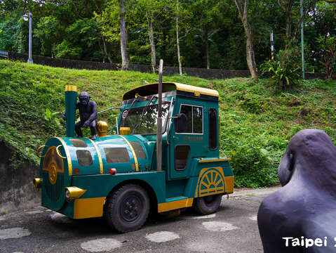 復古版的遊客列車車頭有隻調皮的小金剛爬了上去(圖片來源：臺北市立動物園)
