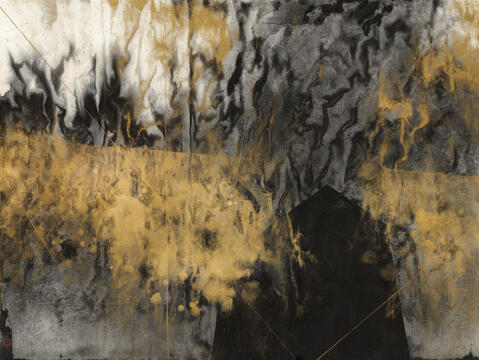 張益昇 / 漫延-時不我予的哀愁 Spreading-Sorrow Over Untimeliness, 膠彩、灑金宣紙 Asian gouache on gold-flecked paper, 68×91 cm, 2024