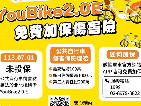 騎乘YouBike2.0E須投保免費傷害險(圖片來源：臺北市政府觀光傳播局)