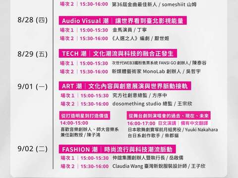 「趨勢焦點TRENDY Talk」場次表(圖片來源：臺北市政府文化局)