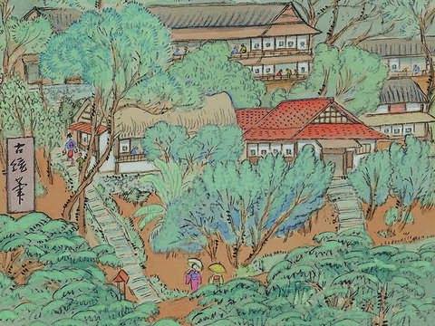 P06-09 名畫探索-4鄉原古統的《臺北名所繪畫十二景－北投溫泉》描繪北投溫泉鄉地景。（臺北市立美術館典藏）