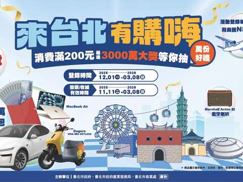 「來台北有購嗨 消費歡樂抽」活動，超值大獎等你抽！(圖片來源：臺北市政府觀光傳播局)