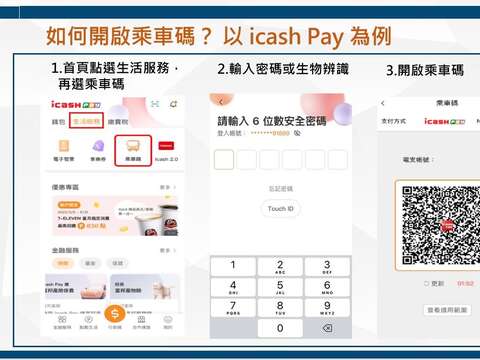 如何開啟乘車碼？以 icash Pay 為例（圖片來源：臺北市公共運輸處）