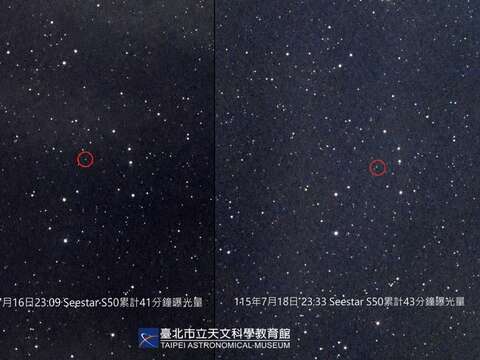 臺北天文館於7月16日與7月18日夜間拍攝的冥王星 拍攝設備:Seestar S50(圖片來源:臺北市立天文科學教育館)