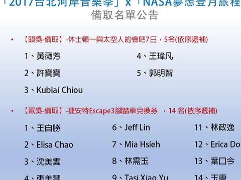 「2017台北河岸音樂季」x「NASA夢想登月旅程」拍照留言活動-得獎名單公告