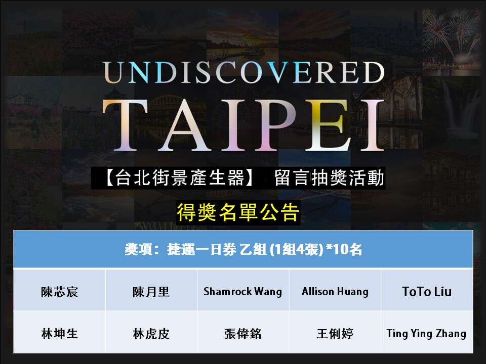Undiscovered Taipei：Creat Your Taipei Cover Story ! 留言抽奖活动-得奖名单 公告