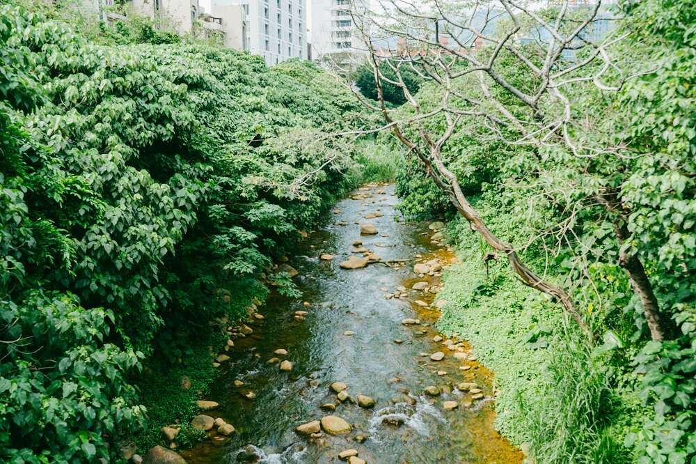 都市和磺溪，两种风貌相映成趣。