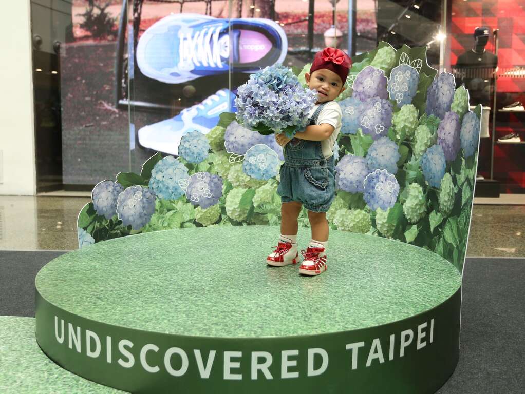 菲律宾小朋友在绣球花体验区前拍照,模样可爱