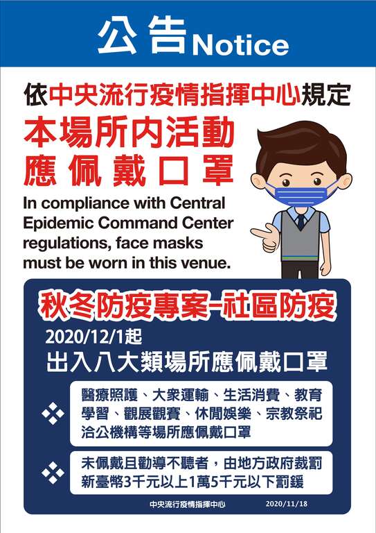TRTC: Mandatory Face Mask Policy at Affiliated Venues Effective Dec. 1