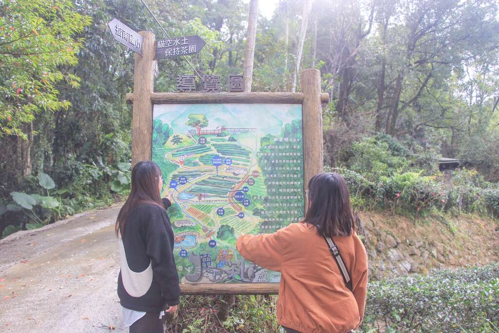 貓空水土保持茶園導覽圖，介紹在地故事與茶園設施。