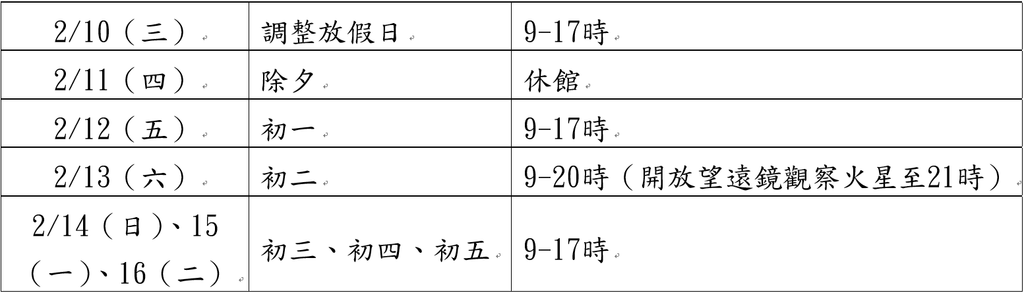 春节表格-天文馆营业时间