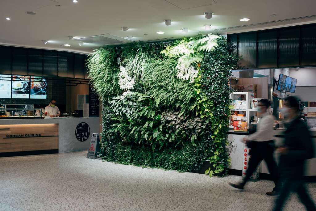 位在台北101 地下美食街的植生牆，就是運用蕨類活化空間的理想範本。（攝影／蔡耀徵）