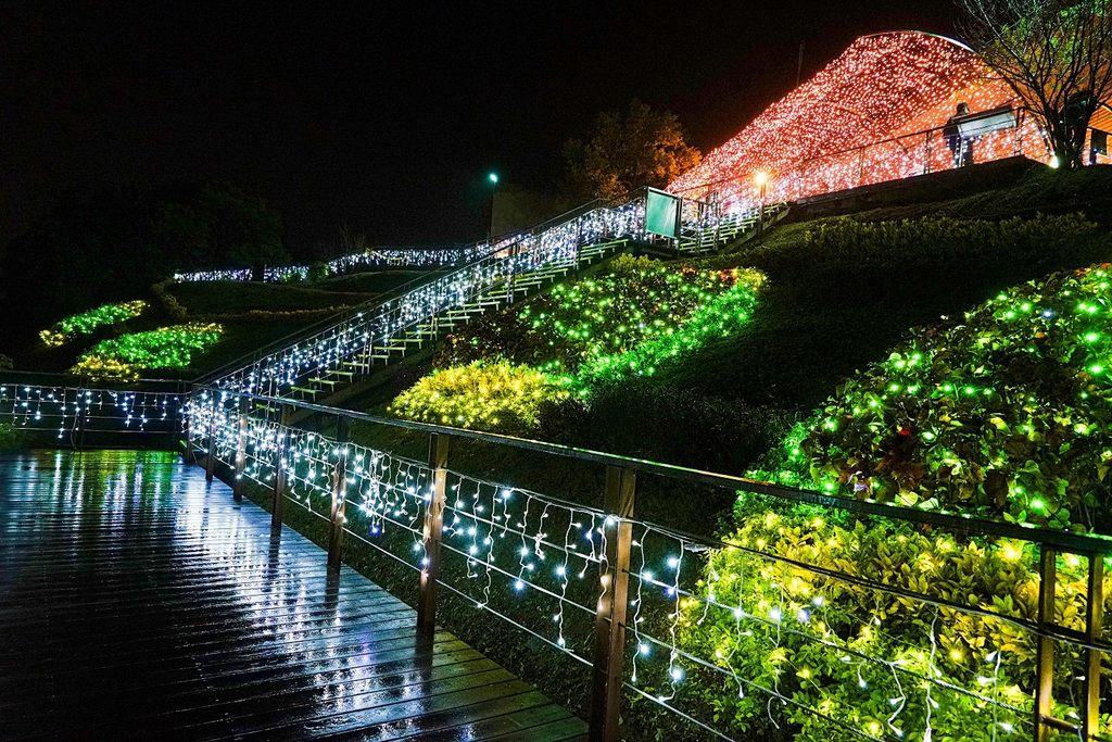 在貓纜貓空站外景觀台上，草坡上的螢光，如同這座山城的夜景
