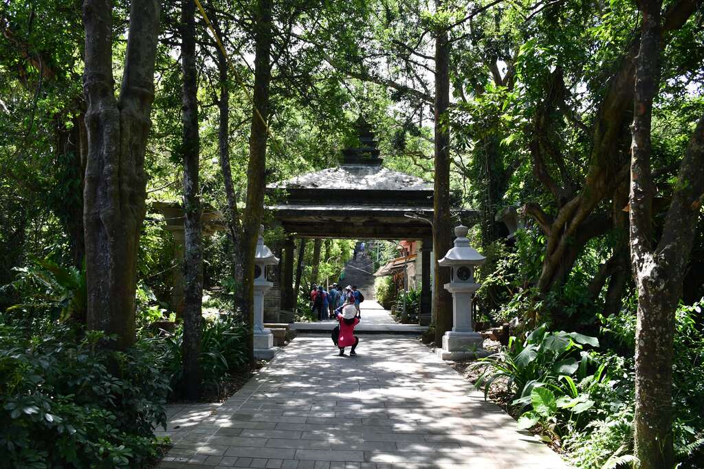 漫步於幽靜的竹柏參道,座落於兩旁高聳樹木林間日據時期興建之涼亭,彷彿走入時光隧道中