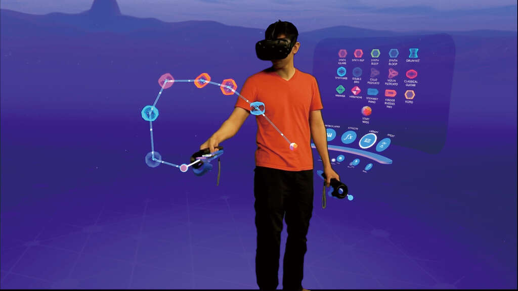 人們戴上VR 頭戴式顯示裝置後，便可進入虛擬音樂空間，創作出獨一無二的樂章。（圖／ LYRAVR）