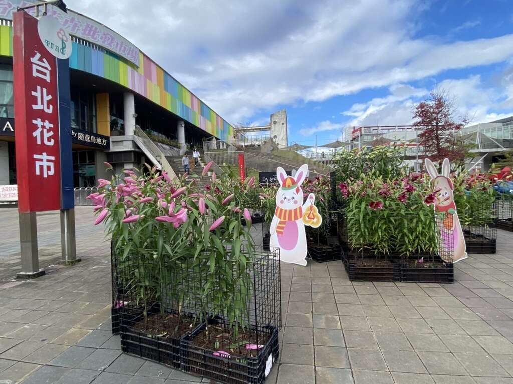 花市A館入口處運用數百支及多種百合創造出小型百合花園(圖片來源：臺北市市場處)