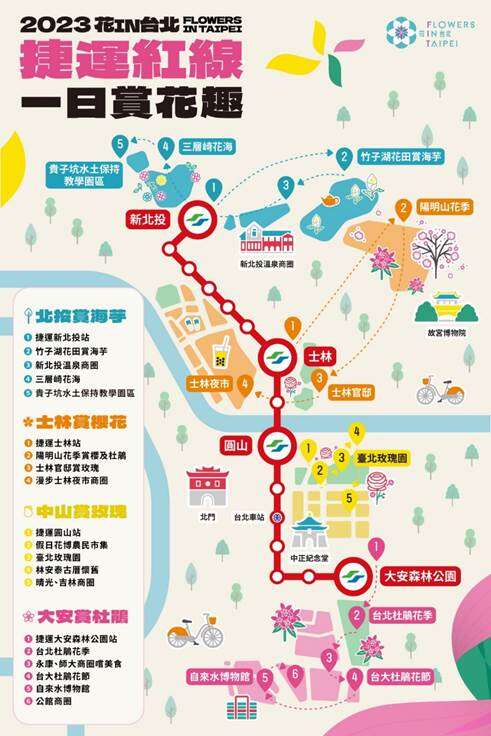 「花I N台北 」推出捷运红线一日赏花趣地图(图片来源：台北市政府工务局公园路灯工程管理处)