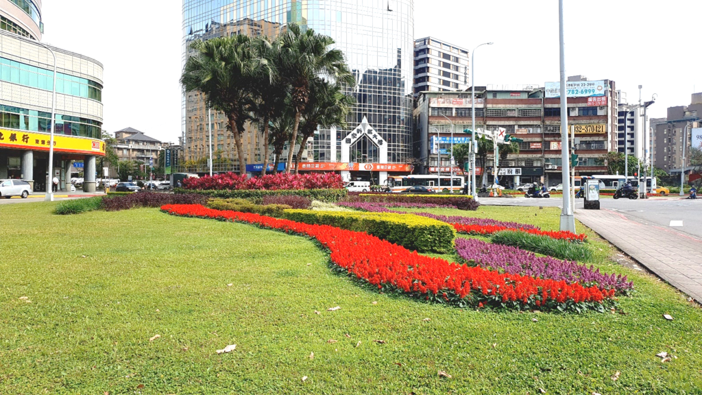 红紫相间的一串红让绿地成为花毯-成功圆环(图片来源：台北市政府工务局公园路灯工程管理处)