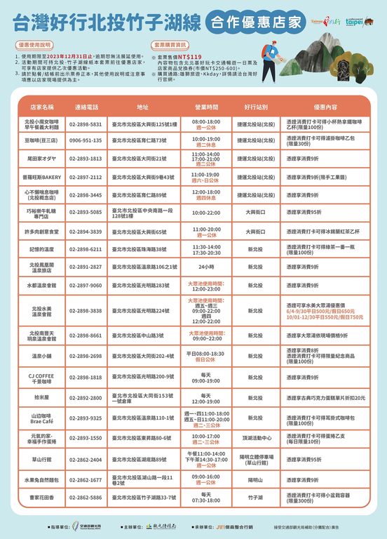 憑今年台灣好行~北投-竹子湖線套票還可享超過15家沿線店家優惠！
