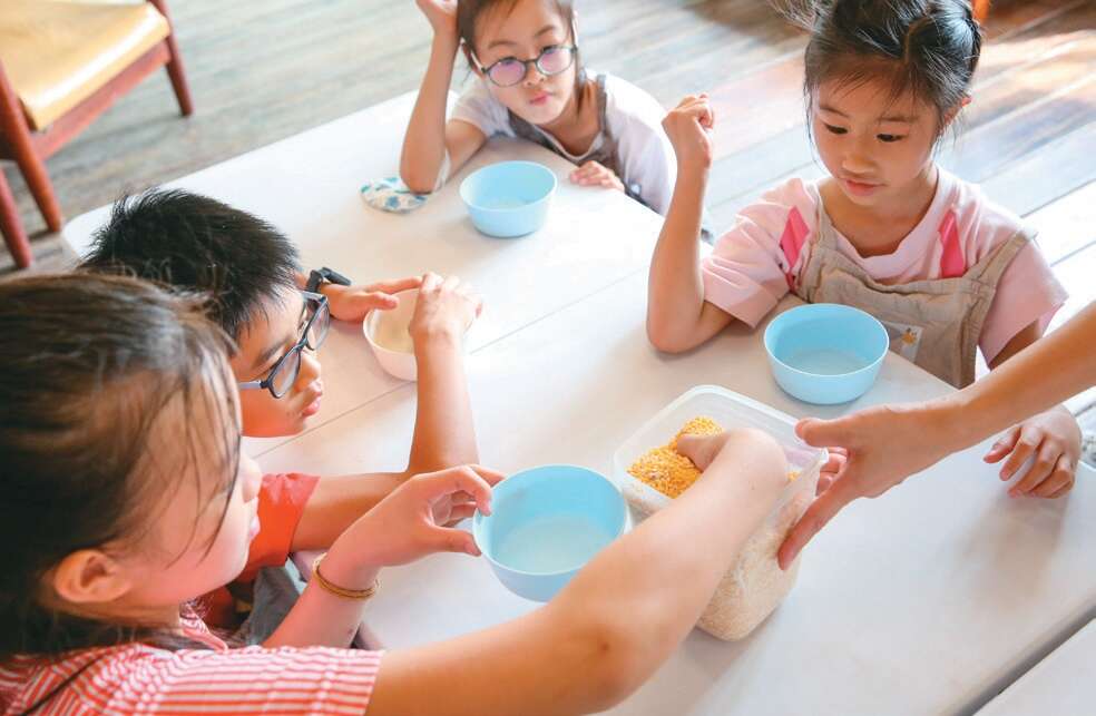 小朋友在「随野家」亲手准备天然鸡饲料。（摄影／赖智扬）
