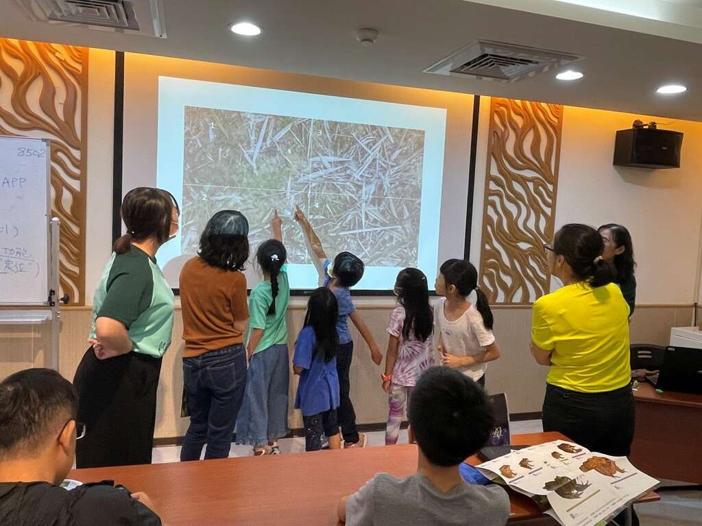 在青发家教中心进行蛙类介绍时，学员们踊跃练习在照片中找出青蛙所在之处。(图片来源：台北市政府观光传播局