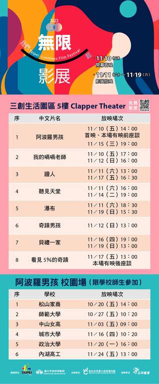 2023無限影展場次一覽表(圖片來源：臺北市政府勞動局)
