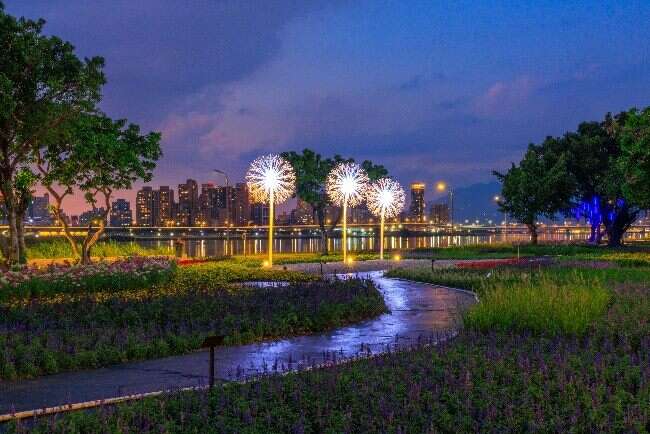 The nighttime illumination at the Yanping Riverside Sea of Flowers creates a unique and romantic ambience.