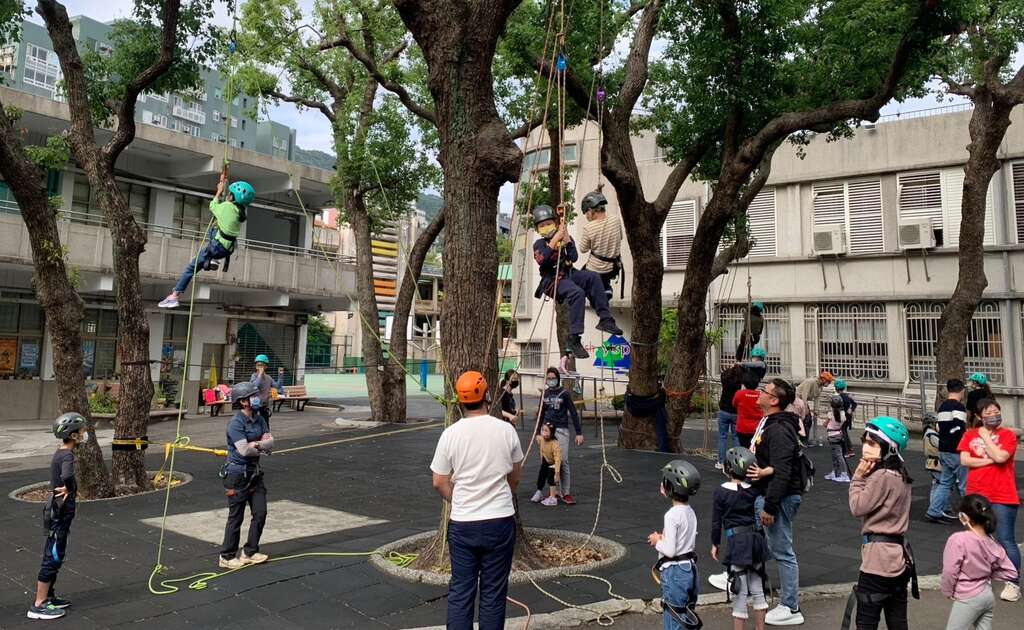 参与假日乐学活动的学生在校园进行攀树体验。（资料照）