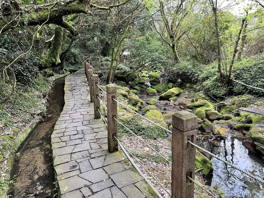 步道沿途穿越溪岸、林蔭(圖片來源：臺北市政府工務局大地工程處)