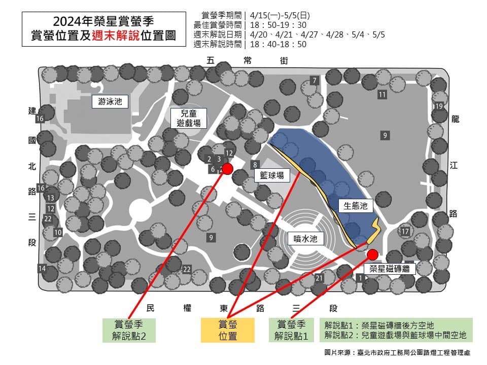 假日荣星花园公园生态守护志工队夜间导览资讯。(图片来源：台北市政府工务局公园路灯工程管理处)
