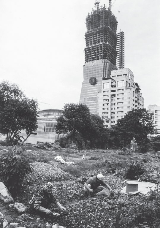 2001年信义计画区及建造中的台北101大楼。（摄影／杭大鹏）