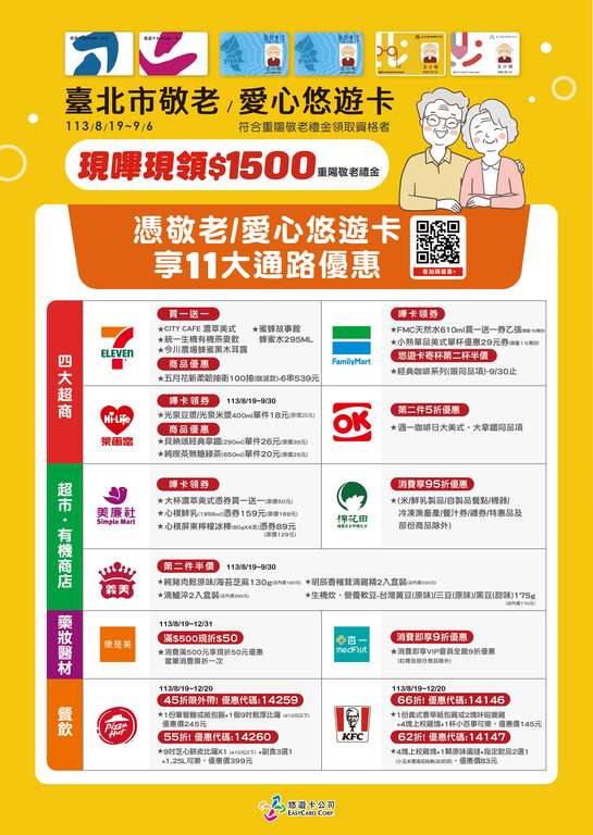 憑敬老卡及愛心卡享有十一大通路加碼優惠(圖片來源：臺北市政府社會局)