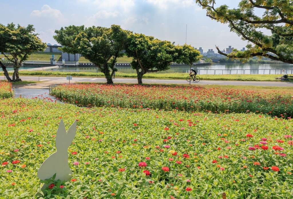 還有可愛的小動物看板現身花海，等著和遊客們一起賞花拍照(圖片來源：臺北市政府工務局水利工程處)