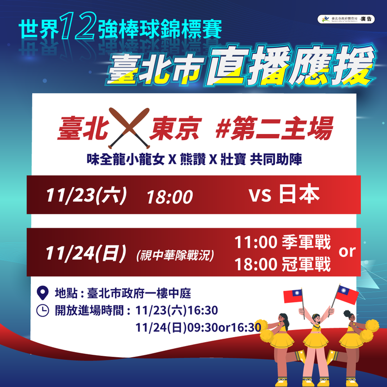 臺北市政府體育局號召全臺球迷一同為臺灣強投豪打隔空應援，將於11月23、24日在北市府大樓一樓中庭架設大螢幕，直播臺日大戰及最終決賽(圖片來源：臺北市政府體育局)