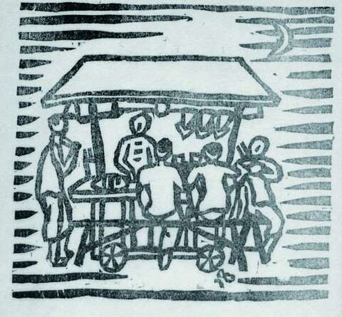 1940年代，由日本畫家立石鐵臣所繪的艋舺街頭飲食露店