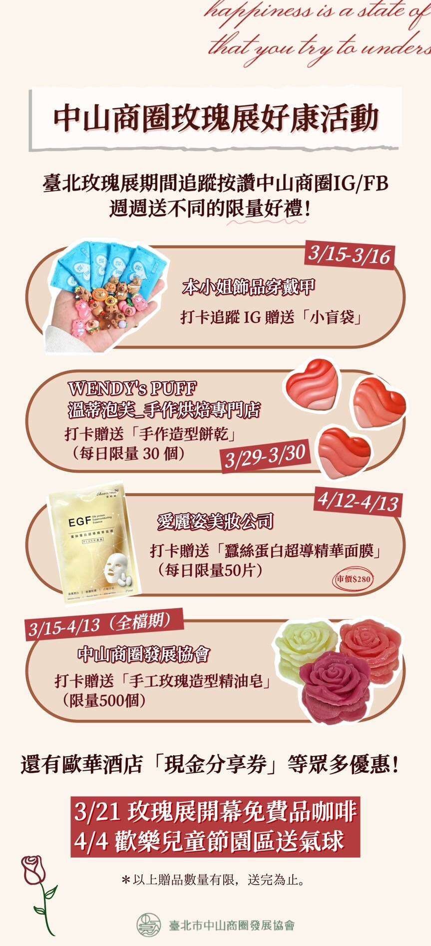 玫瑰展假日市集於中山商圈摊位每周商家送折扣优惠或打卡礼。(图片来源：台北市政府工务局公园路灯工程管理处)