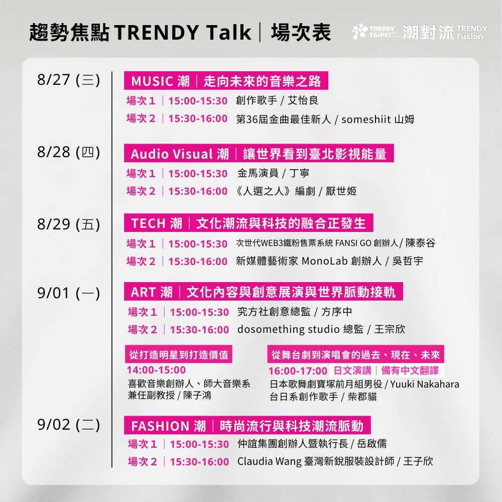 「潮對流 | 趨勢焦點TRENDY Talk」場次表(圖片來源：臺北市政府文化局)