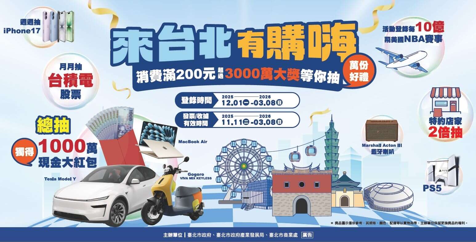 「來台北有購嗨 消費歡樂抽」活動，超值大獎等你抽！(圖片來源：臺北市政府觀光傳播局)