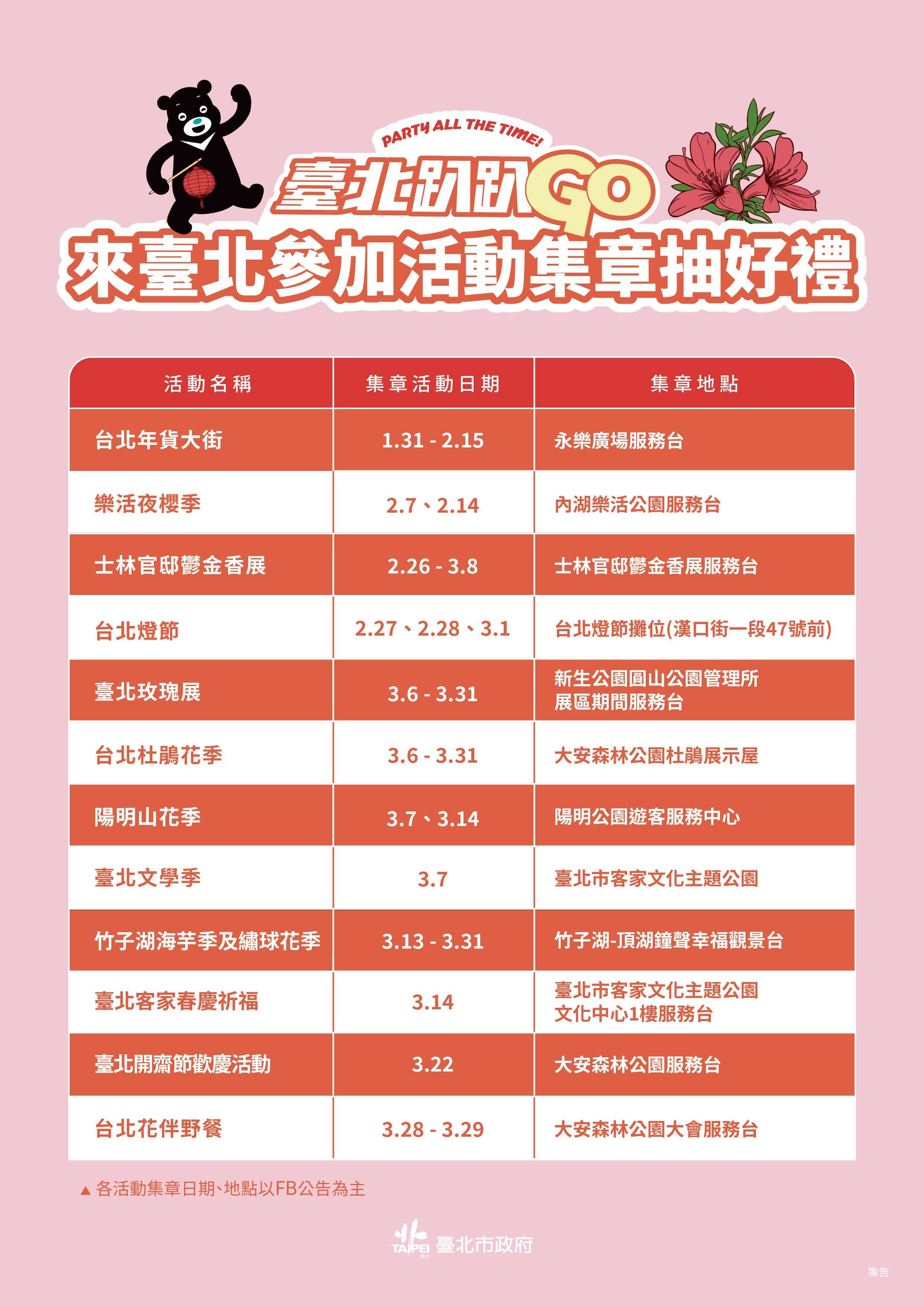 「臺北趴趴GO」1到3月共有12場大型活動。（圖片來源：臺北市政府觀光傳播局）