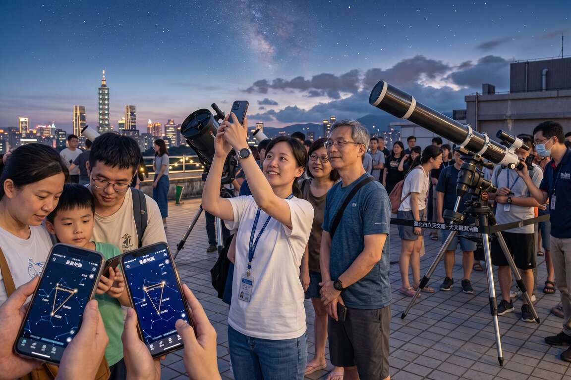 天文馆「夏夜观星趣」活动教民众使用手机搜寻夜空中的「夏季大三角」。(AI生成示意图)（图片来源：台北市立天文科学教育馆）
