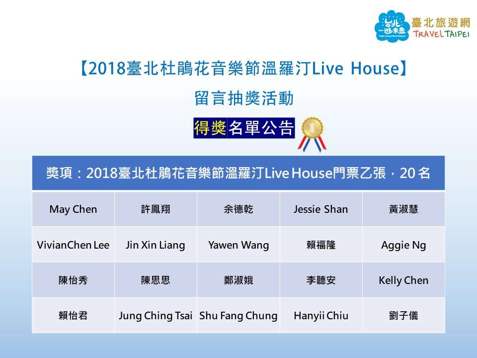 【2018台北杜鹃花音乐节温罗汀Live House】留言抽奖活动-得奖名单 公告